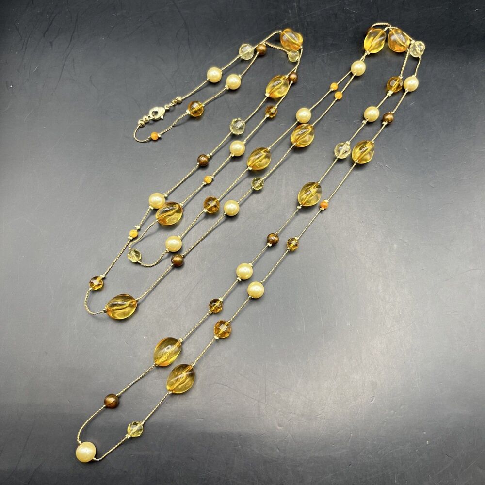Extra Long Station Necklace Gold Tone Faux Pearl Amber Color Lucite Nugget 64 in
